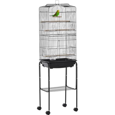 Cage à oiseaux avec support, cage en métal à roulettes, plateau et étagère amovibles, 46,5 x 36 x 157 cm, noire