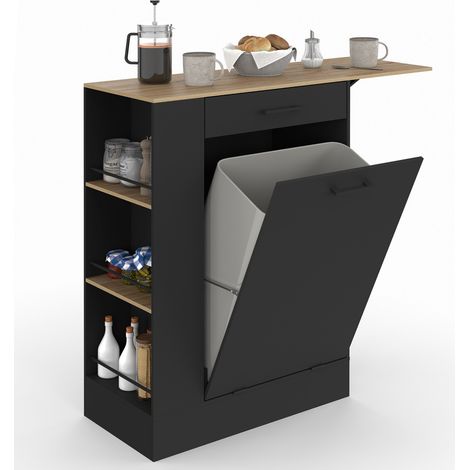 Buffet de cuisine compact 90 cm TIBO avec espace poubelle, tablette rabattable, 1 tiroir et 3 étagères latérales bois et noir (1/5)
