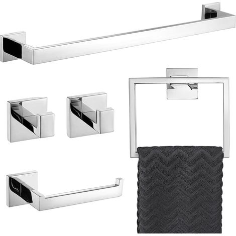 Ensemble de 5 Pièces Salle de Bain Chrome Poli Barre Porte-Serviette Anneau Papier Toilette 2 Crochets Fixation Murale Acier Inoxydable - AUTRES (1/5)