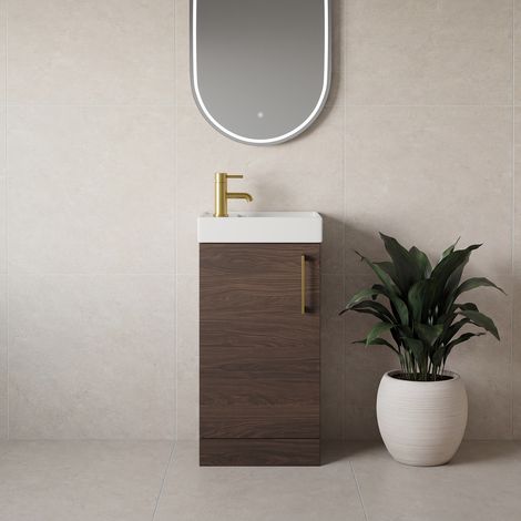 Napoli Cube Brown Oak 400mm Single Door Vanity Unit with Align Basin - 400mm - Brushed Brass 160mm Handle