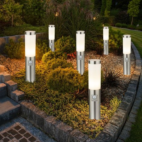LED Sockelleuchte E27 Stehlampe Garten Außenleuchte mit Bewegungsmelder, Wetterfest IP44, Sensor, Edelstahl silber opal, 11W 1055lm warmweiß , DxH 7,6x45cm, 6er Set