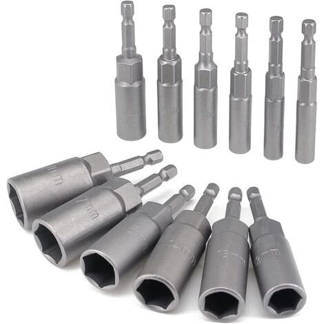Ede Jeu de 12 douilles profondes de 6 à 19 mm, embouts de tournevis à tige hexagonale de 6,35 mm, tournevis à percussion longue portée, extracteur de boulons, douilles pour outil électrique à changeme (1/4)
