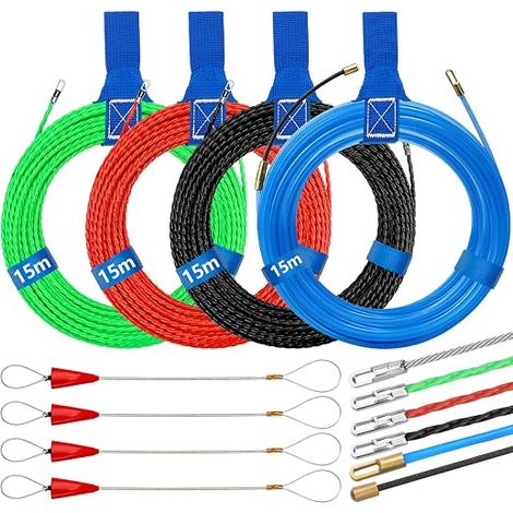 4 x Electrician Needle 15 m, 4 mm Diameter Electric Pull Cable, Electric Wire Puller with 8 Guide Springs, Cable Thread for Laying Empty Tubes, Green, Red, Black, Blue (1/5)