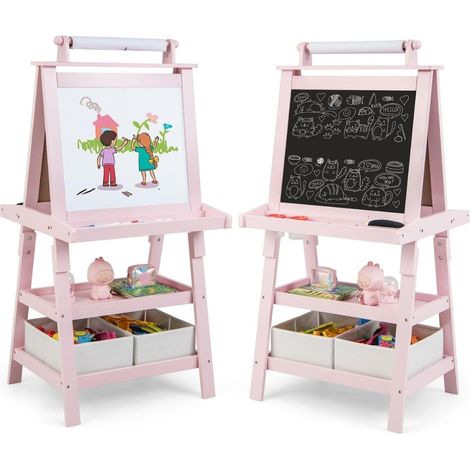 Caballete infantil 3 en 1, pizarra de doble cara, pizarra y papel de dibujo, color rosa