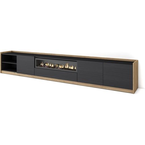 Skraut Home - Mueble TV, Televisión, 310x37x50cm, Para TV hasta 80", Chimenea eléctrica, Negro y roble (1/5)
