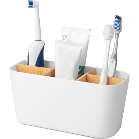 Porte-brosses à dents en bambou à 5 emplacementsRangement pour brosses à dents électriques, dentifrice et rasoirs - Salle de bain et plan de travail