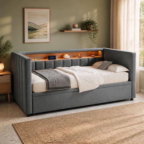 Cama sofá cama extensible de terciopelo 90x190 gris DESVIAE (1/5)