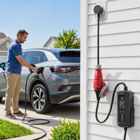 Borne de recharge mobile 11 kW, câble de recharge triphasé CEE 16 A vers Type 2 de 8 m avec puissance de charge réglable et présélection de l'heure de démarrage (1/5)