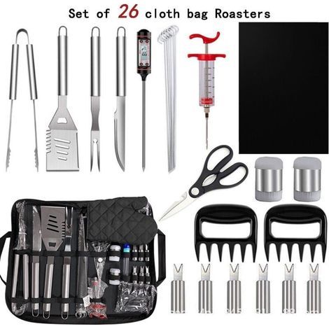 26Pcs Kit Outils Barbecue Acier Inoxydable avec Sac Rangement, Set Barbecue Portable Extérieur Cadeau de Barbecue Idéal pour Les Hommes (1/4)