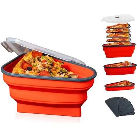 Boîte à pizza triangulaire - Boîte de rangement en silicone pour pizzas - Boîte réutilisable - Contenant pour parts de pizza sans BPA - Comprend 5 plateaux compatibles micro-ondes - Gain de place - Ro