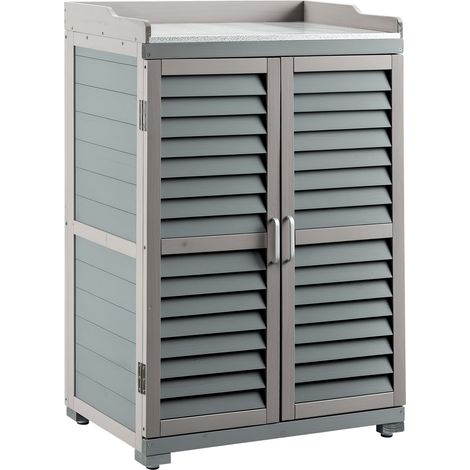 Wiltec Gartentisch mit Unterschrank und Arbeitsplatte, grau, Pflanztisch mit Schutzleisten für Gartenarbeiten, Holzschrank Werkzeugschrank Arbeitstisch für Garten