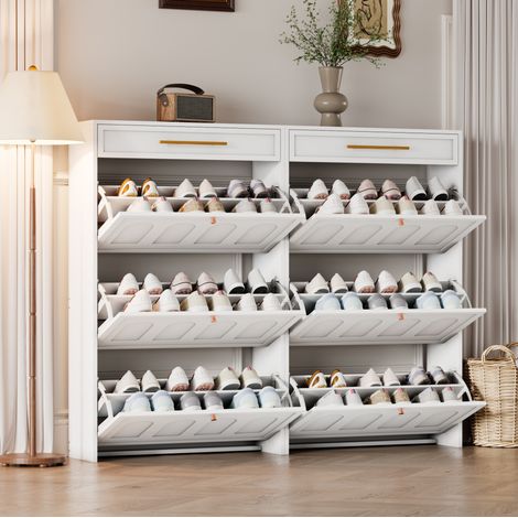Zapatero (140x25x123.5 cm), con 12 estantes y 2 cajones, MDF, blanco (1/5)