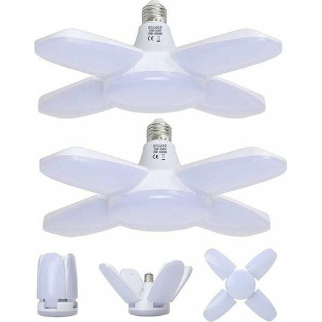 Garage light E27 28W, cold white 6500K 2800LM deformable workshop light, with 4 adjustable panels, LED ceiling lighting, for garage, warehouse, gym (2 sets) [energy efficiency level A+] (1/4)
