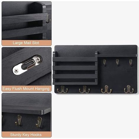 Étagère murale en bois - Porte-clés - Porte-clés mural - Porte-clés en bois - Décoration murale - Porte-clés en bois noir (1/5)