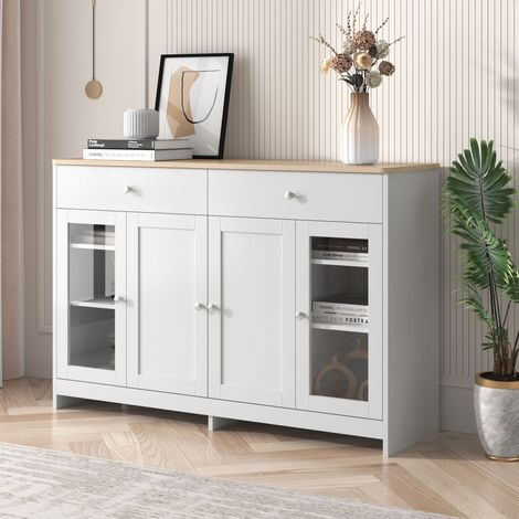Buffet 120 cm avec 4 portes et 2 tiroirs, meuble de rangement blanc effet bois avec portes vitrées, étagères réglables pour salon, salle à manger (1/5)