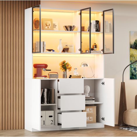Vitrine LED en verre trempé 120x40x200 cm en MDF blanc, avec rangement pour salon FloraGrace (1/5)