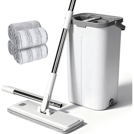Serpillière Seau Essoreur, Serpillère Microfibre Plat avec Manche INOX, Balai Plat Rotative 360° avec 4 Serpillères Réutilisables, Balai Serpillière pour Nettoyage Tous Types de Sols (1/5)