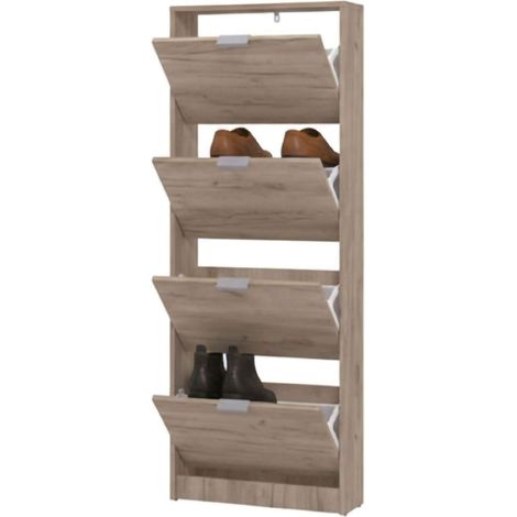 Scarpiera Pesche, Mobile Portascarpe un Ripiano, 4 Ante, kit Fissaggio a Muro Incluso, 58x18x155.5h cm Marrone Rovere Scuro