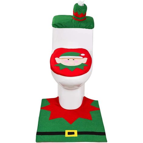 Ensemble de housse de siège de toilette de salle de bain de Noël 3 pièces Tapis de bain Housse de couvercle de toilette Décoration de Noël WC (1/4)