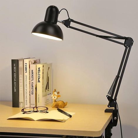 Lampe de bureau industrielle noire, base solide avec pince, articulée, métal vintage, E27, chevet et bureau (1/5)