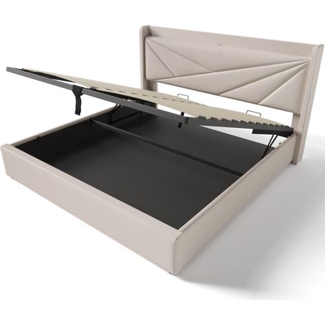Lit double capitonné 160x200 avec coffre, USB-C, tête de lit, beige, MODENUIT (1/5)