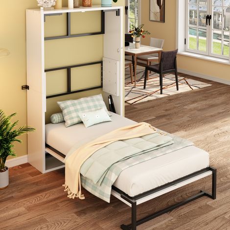 Letto a scomparsa moderno 90x200 cm in metallo e legno bianco, letto richiudibile a parete con chiusura di sicurezza