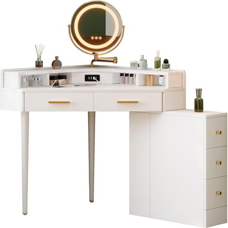 Coiffeuse d'angle moderne avec miroir LED pivotant (éclairage à intensité variable), 5 tiroirs, ports USB et USB-C, blanche - L 105,5 x P 75 x H 120 cm