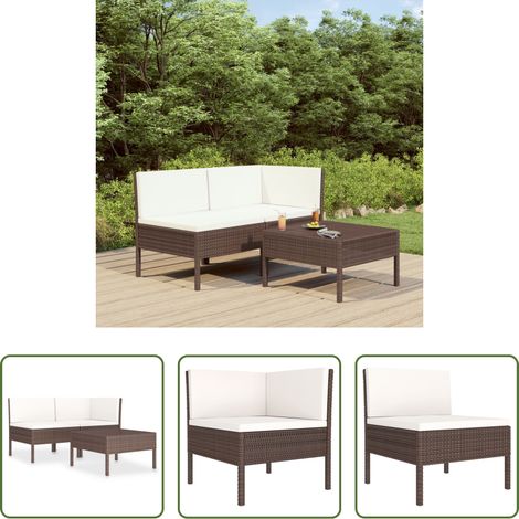 vidaXL Table à thé -  Salon de jardin 3 pcs avec coussins Résine tressée Marron (1/5)