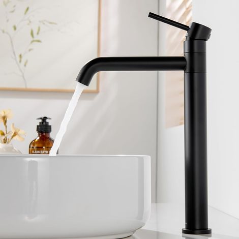 1 Robinet Lavabo Haut, 360° Rotation, Acier Inoxydable, Bec 230mm, Noir, Pour Lavabo à Poser (1/5)