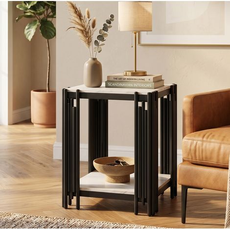Mesa auxiliar moderna (55x43x40 cm), con 2 niveles, estructura metálica negra, MDF y cristal blanco y negro (1/5)