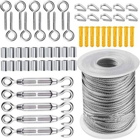 Kit de Câble Métallique, Cable Acier Jardin Tendeur, Corde en Acier Inoxydable à Suspendre Kit, 50m Câble en acier inoxydable revêtu de Nylon pour Corde à Linge Corde de Tente, 56 Pièces - RWEtendoir (1/5)