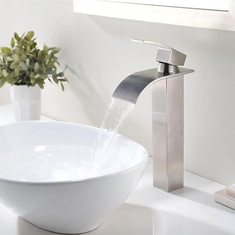 Waterfall Bathroom Faucet, Single Handle Sink Faucet Hot and Cold Mouth, Quiet Stainless Steel Brass Bathroom Faucet (Brushed-H) (1/5)