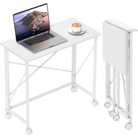 Bureau à roulettes – Bureau pliant à structure en acier (Idéal pour un bureau à domicile ou une chambre) – 80 x 40 x 75 cm – Blanc (1/5)