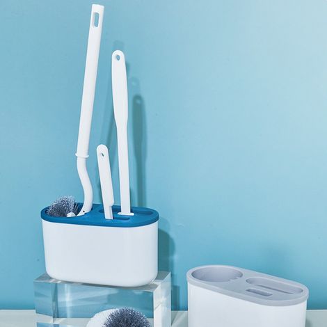 Lot de 4 brosses de toilettes bleu avec support mural sans perçage, 3 têtes de rechange pour salle de bain (1/5)