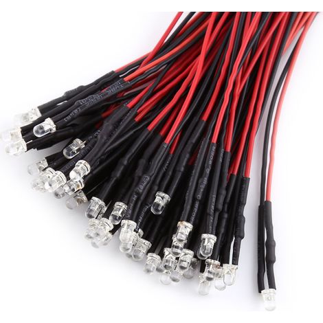 Lot de 50 LED précâblées DC 9-12V, diamètres 3/5/10mm, cristal transparent, couleurs blanc/rouge/bleu/vert, ampoules lumineuses pour projets DIY (1/2)