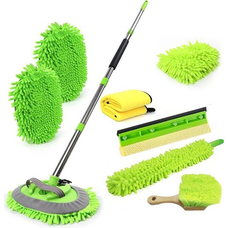KLVGTIFS PU - Kit Nettoyage Voiture Brosse Lavage, avec Manche Long 146cm/1 Têtes de Brosse /1 éponge de Raclette de Séchage de Voiture,Vert (1/4)