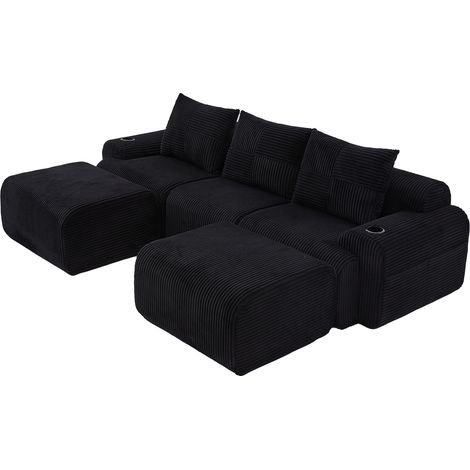 CHICFURN Sofá modular de 3 plazas 268x174x80 cm en pana negra con 2 pufs y almacenaje (1/5)