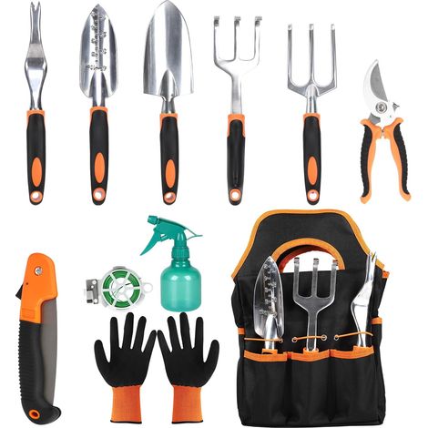 Set d'outils de jardin orange, léger en alliage d'aluminium résistant à la rouille, cadeaux de jardin idéaux, outils de jardin avec gants (11 pièces) (1/5)