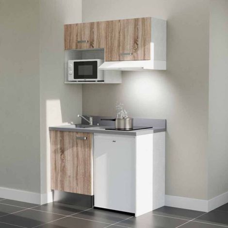 Kitchenette K02L - 120 cm - plan monobloc évier intégré Cromo- évier à gauche - Façades Bois + Electroménager inclus coloris Blanc (1/5)