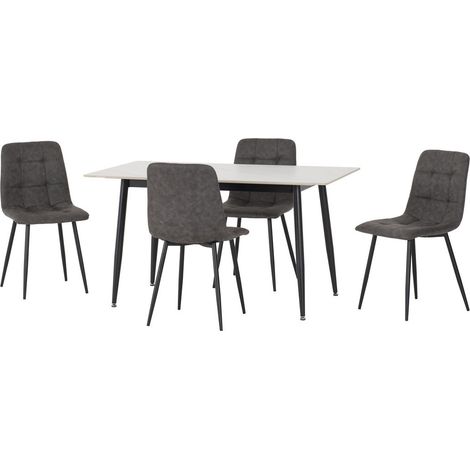 Fenton Dining Table and 4 Chairs Set - L80 x W76 x H140 cm - White Marble Stone Effect/Dark Grey Suede