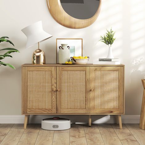 Sideboard im Bohème-Stil mit Rattantüren und verstellbaren Einlegeböden, 120 x 40 x 75 cm, Naturholz