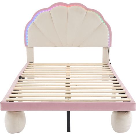 Lit enfant 90x200 velours LED multicolore capitonné beige rose