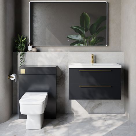 Napoli 390 Cento Gloss Grey 1400mm Wall Mounted 2 Drawer Vanity Unit and Toilet Suite with Glide Basin - 1400mm - Brushed Brass 480mm HandleWith Kingston Toilet Pan and Seat