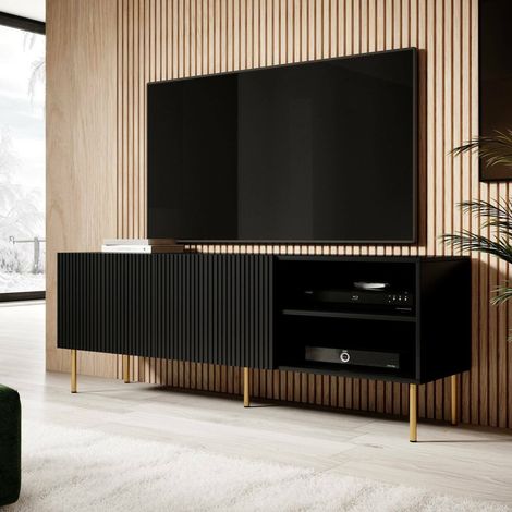 Magnano TV-Ständer, Wohnzimmer-Sideboard mit vier Flügeltüren, vom Boden abgehoben, 150x42 h52 cm, schwarz (1/4)