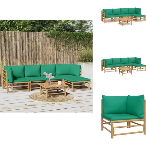 6-tlg. Garten-Lounge-Set mit Grünen Kissen Bambus - Bambus Möbel - Gartenloungeset - Outdoor Möbel - Gartenmöbel - Esstisch (1/5)