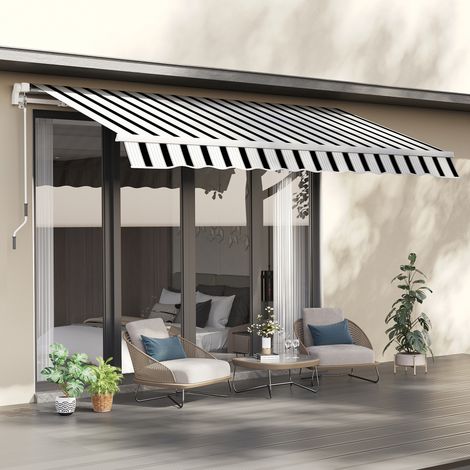 Store banne. Pare-soleil. Rétractable. Manivelle. Structure métallique. Polyester. Bleu et blanc. 3,95 x 2,45 x 3,50 m