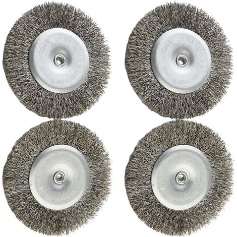 Lot de 4 brosses métalliques rotatives 100 mm inox, pour meulage, décapage et antirouille. Manche T argenté 6×100 mm, elles sont adaptées aux outils électriques pour rénovation et entretien. (1/5)
