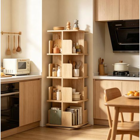 Libreria rotante a 4 livelli 360°, 16 scomparti, 39,5 x 39,5 x 128 cm, rovere chiaro DESVIAE (1/4)