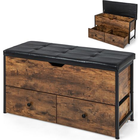 Storage Ottoman Bench with Padded Seat Cushion and 2 Drawers for Entryway-Brown (1/5)