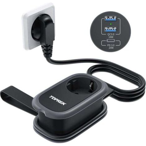 USB Multiprise, Chargeur de Voyage avec Charge Rapide USB-C(20W PD3.0) et 2 USB-A(18W QC3.0) et 1 Schuko, 4000W/16A, 1.13M Cable,Convient pour Les Voyages, Bureau, Maison, Bureau, Noir (1/4)